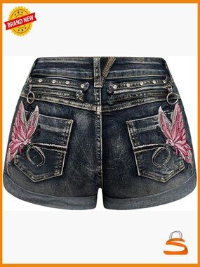 Y2K Butterfly Embroidery Distressed Low Rise Mini Jean Shorts